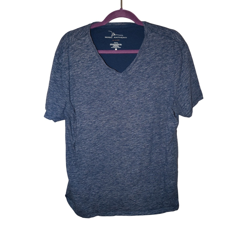 Marc Anthony Mens Slim Fit‎ V-Neck T-Shirt Navy Blue Space Dye Heather Cotton XL